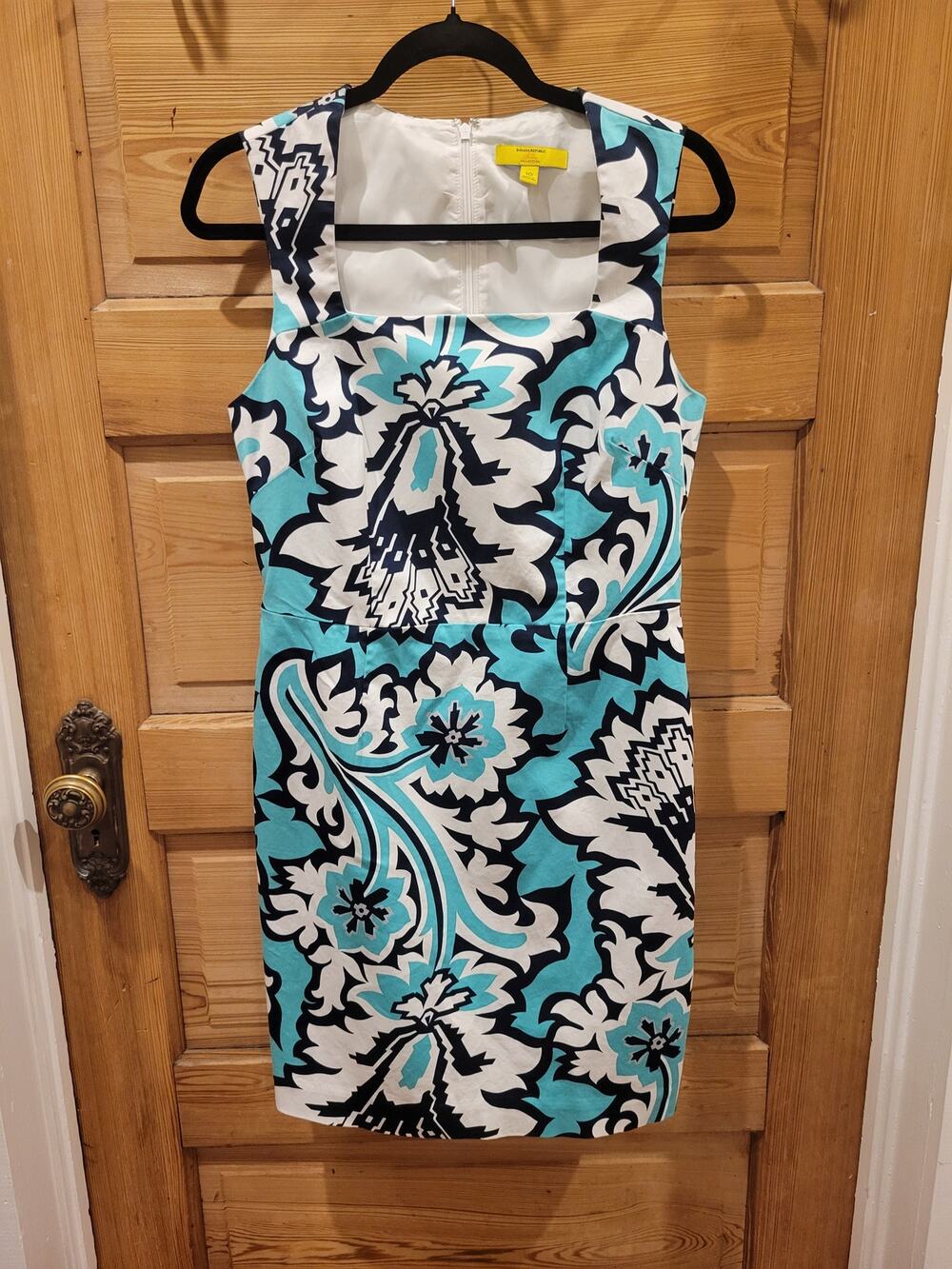 Banana Republic Milly Floral Sheath Dress 10 Aqua Turquoise White Square Neck